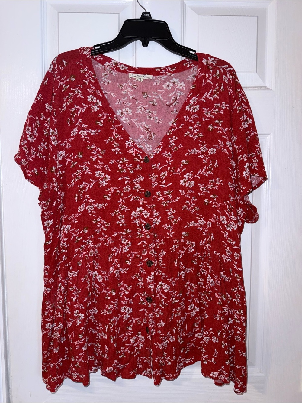 Floral Red Button-Front V-Neck Women’s Blouse